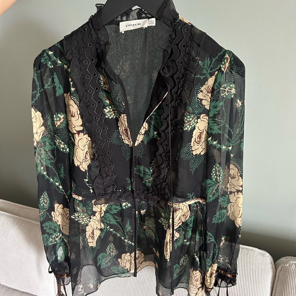 NEW Coach SILK Black Floral Blouse, 6
